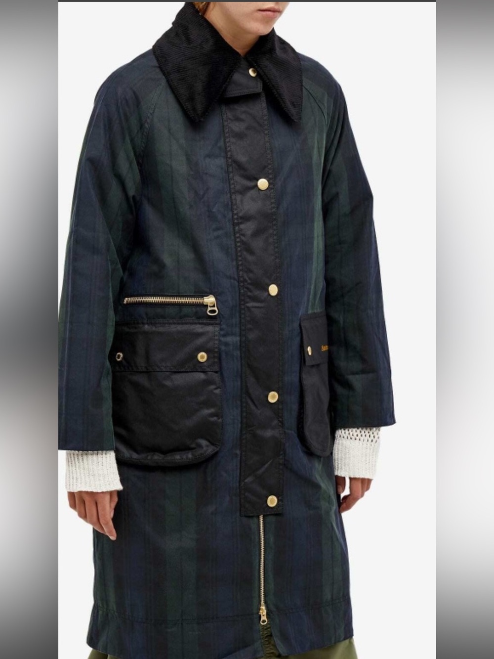 Barbour Townfield Waxed Cotton Jacket In Black/ Sage Tartan size 4